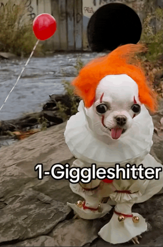 a dog dressed as a clown holding a red balloon with the caption 1-giggleshitter