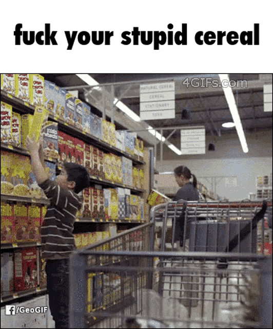 a boy is reaching for a box of lucky charms cereal