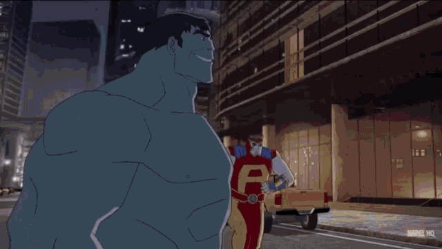 a cartoon of a superhero running down a street with a marvel hq logo on the bottom right
