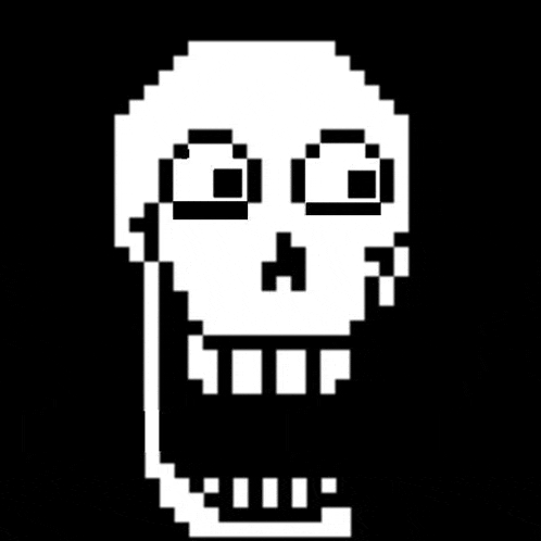 it is a pixel art of a skull with a long tongue .