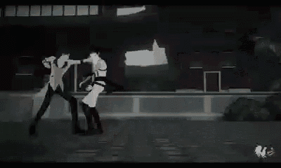 a cartoon character is flying through the air in a video game while a man watches .