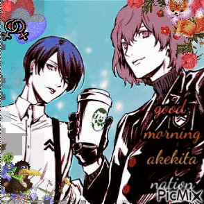 a couple of anime characters holding cups of coffee with the words " good morning " written on the bottom