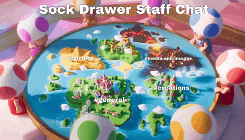 a sock drawer staff chat with toads and a map of the world