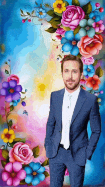 a man in a suit and tie stands in front of a colorful floral frame