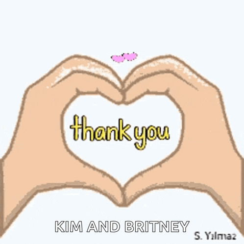 a cartoon of hands making a heart shape with the words thank you written on it