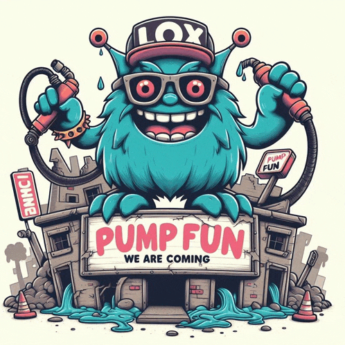 an illustration of a monster holding a hose and a sign that says pump fun we are coming