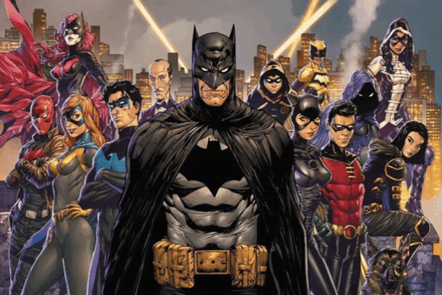 a group of comic book characters including batman and robin stand together
