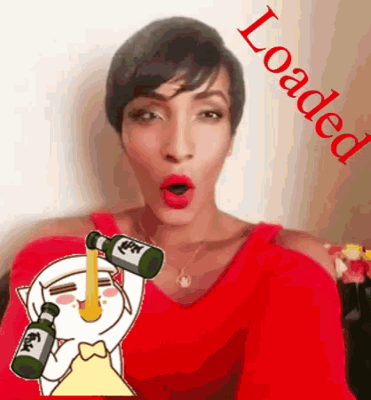 a woman in a red shirt is drinking from a bottle with the word loaded above her head