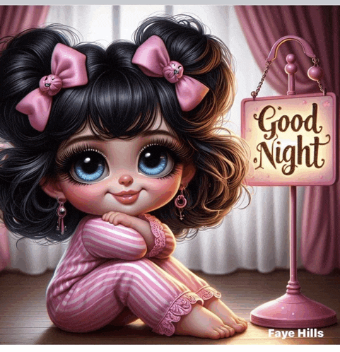 a little girl in pink pajamas sits next to a sign that says good night