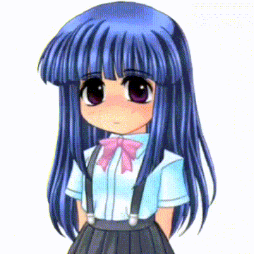 a little girl with blue hair and suspenders is looking at the camera .