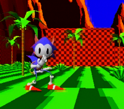 a sonic the hedgehog video game character standing in a green field