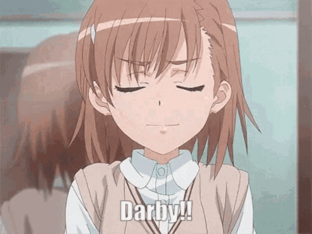 a close up of a girl with her eyes closed and the word darby written on the bottom