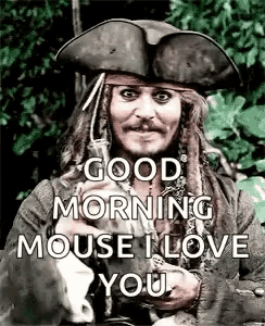 captain jack sparrow from pirates of the caribbean is holding a mouse and saying `` good morning mouse i love you '' .