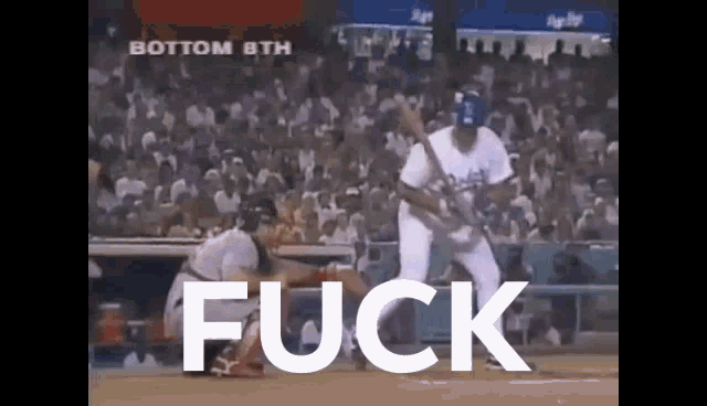 a baseball player is swinging a bat and the word fuck is visible