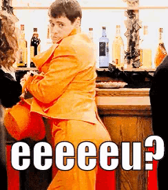 a man in an orange suit is standing in front of a bar with the words " eeeeeu " written on it