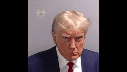 donald trump is wearing a blue suit and red tie and making a funny face .