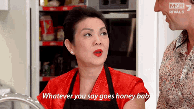 a woman says whatever you say goes honey baby