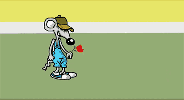 a cartoon of a mouse holding a red rose next to a smaller mouse with the letter d on it