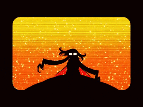 a yellow background with a silhouette of a person with two square eyes