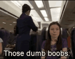 a woman is sitting on an airplane with the words those dumb boobs behind her