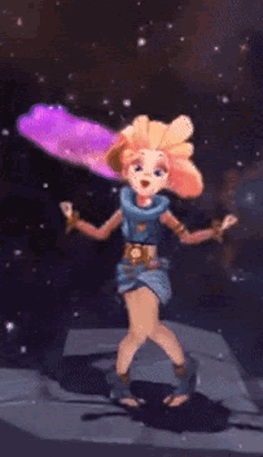 a cartoon character is standing on a rock with a purple glow behind her