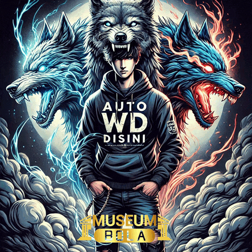 a man with a hoodie that says auto wd disini is surrounded by two wolves