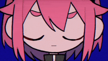 a close up of a cartoon character 's face with pink hair .