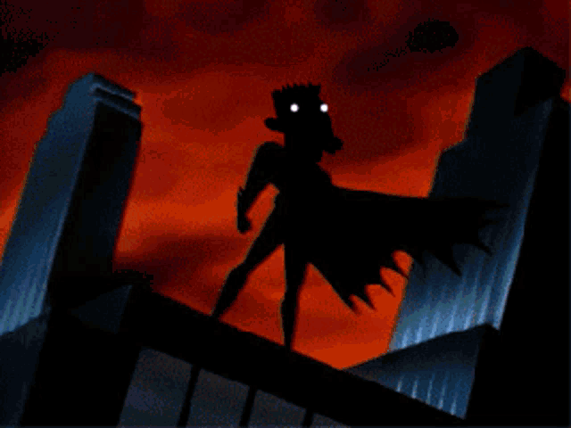 a cartoon character in a batman costume stands in front of a lightning bolt