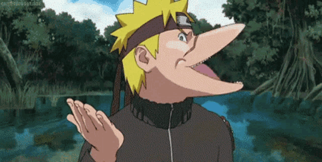 a cartoon character with a long nose and mouth is standing in front of a body of water .