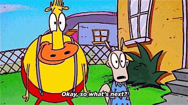 a cartoon character says " okay so what 's next " in front of a house