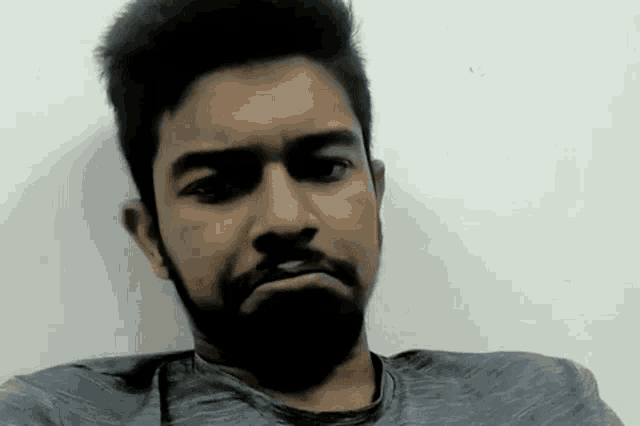 a man with a beard and a gray shirt is looking at the camera .
