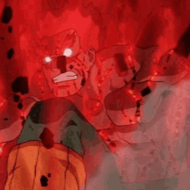 a cartoon character is standing in a dark room with a red background and glowing eyes .