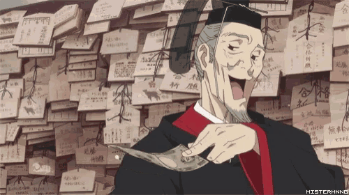 a man in a kimono is holding a stack of money in front of a wall of cards