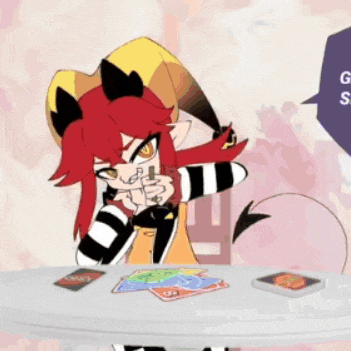 a cartoon character with red hair is sitting at a table with cards on it