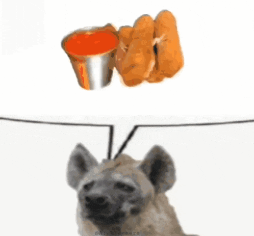 a picture of a hyena with a speech bubble and a chicken nugget and ketchup