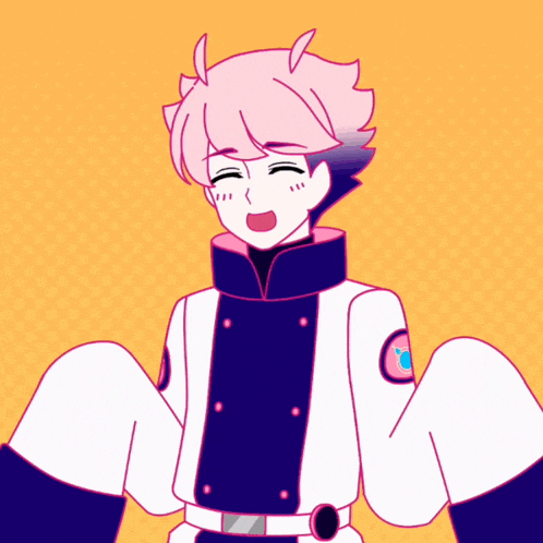 a cartoon of a boy with pink hair and a purple jacket
