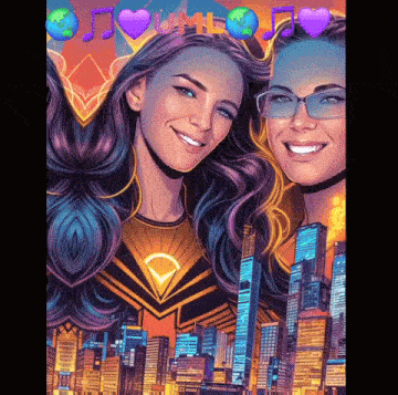 two women are posing for a picture with a city in the background