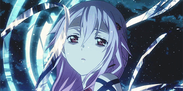 a girl with purple hair and red eyes is surrounded by blue and purple lines