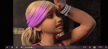 a barbie doll is wearing a purple headband and earrings and holding her head .