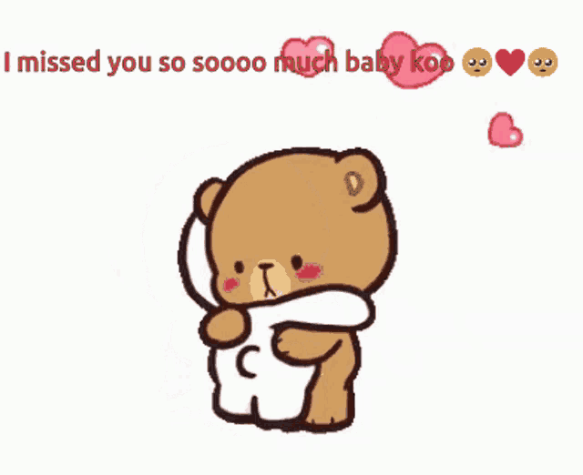 a teddy bear is hugging another teddy bear with the words i missed you so sooo much baby koo