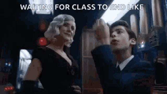 a man and a woman are waiting for class to end like .