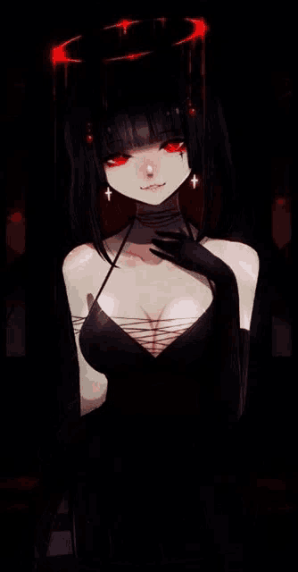 the girl is wearing a black dress and gloves and has red eyes .