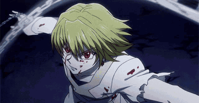 a person with yellow hair and red eyes is holding a chain