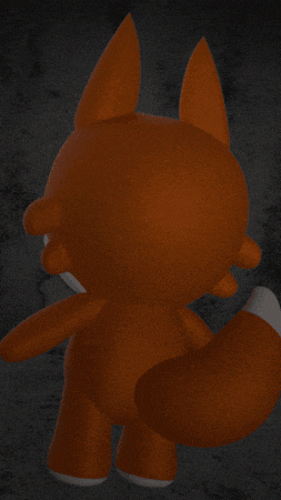 a stuffed fox is standing in a dark room and looking at the camera