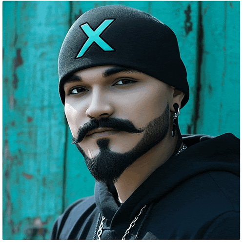 a man with a beard and mustache wears a black hat with a blue x on it