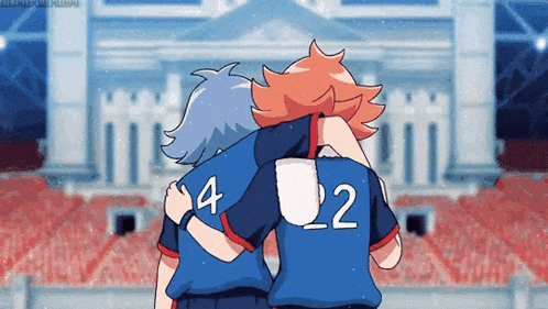 a couple of soccer players one with the number 4 and the other with the number 2 hugging