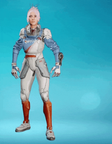 a woman in a futuristic outfit with the word rift on it