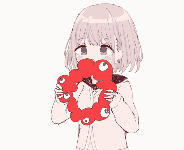 a drawing of a girl holding a wreath with eyes on it