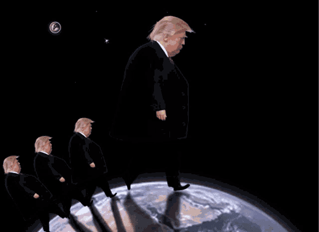 a cartoon of donald trump walking on a planet
