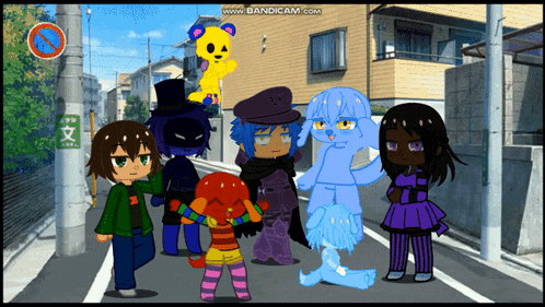 a group of cartoon characters are standing on a street with a no parking sign behind them